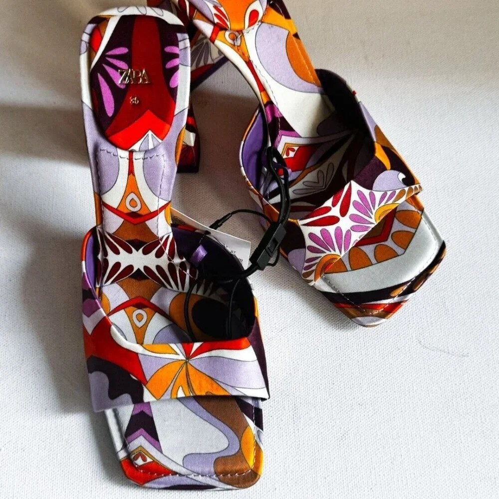 Zara Colorful  Psychedellic Print Square toe Slides 36 - Picture 2 of 14
